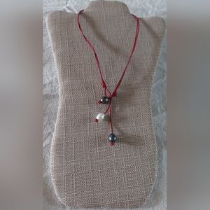 Brand New Handmade Peacock & White Pearl & Red Leather 2-Way Necklace